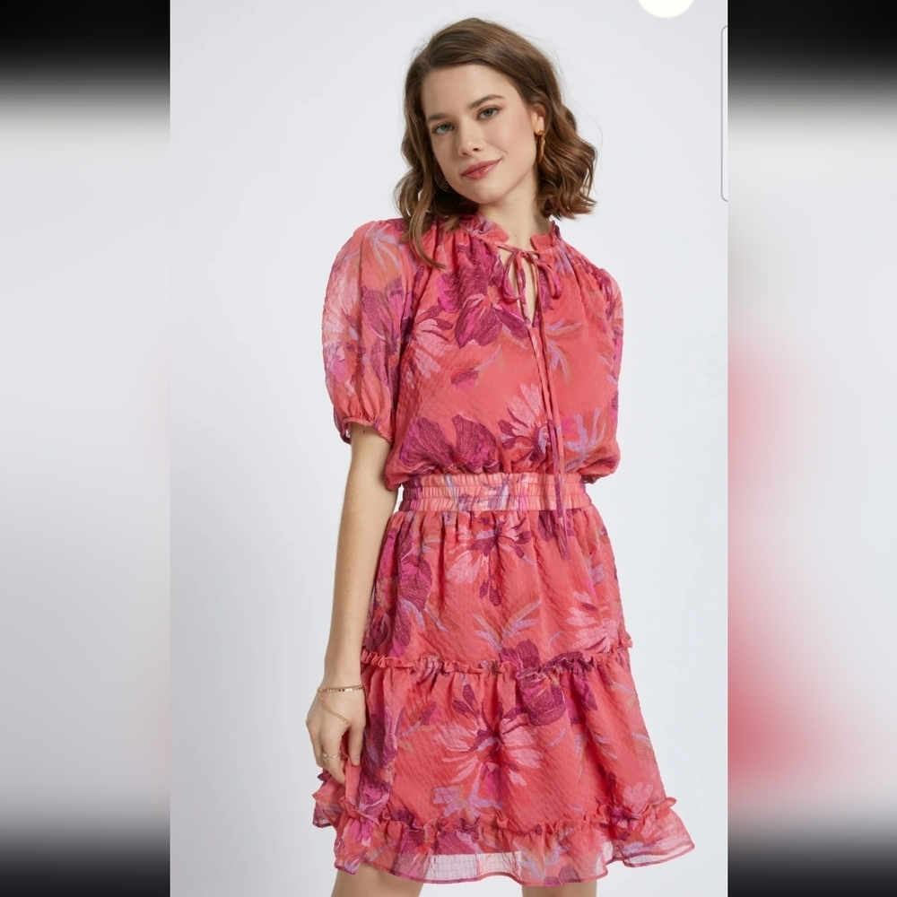 Meet Me In Santorini Red Floral Smocked Waist Mini Dress Size Small